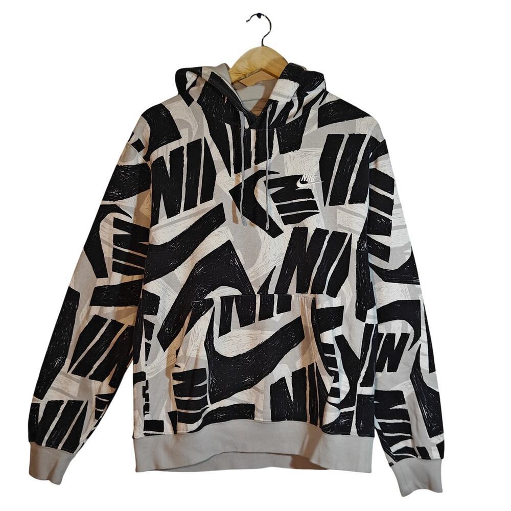 Nike All Over Logo Print Hoodie Sweatshirt Black White Size M